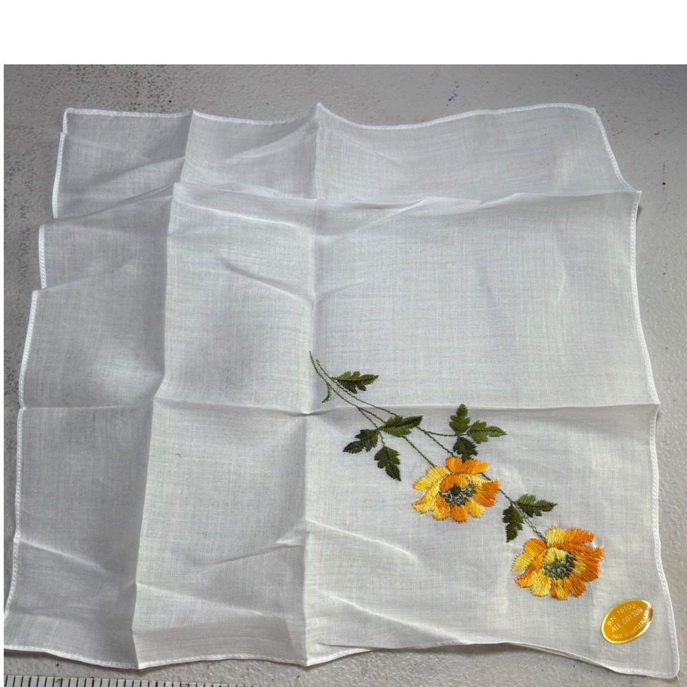 Handkerchief White Cotton Floral Embroidery Orange Yellow NWT from Switzerland